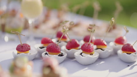 Buffet-In-Der-Natur,-Nahaufnahme-Von-Köstlichen-Desserts-Mit-Erdbeeren-Auf-Dem-Tisch,-Leckeres-Essen-Für-Die-Gäste